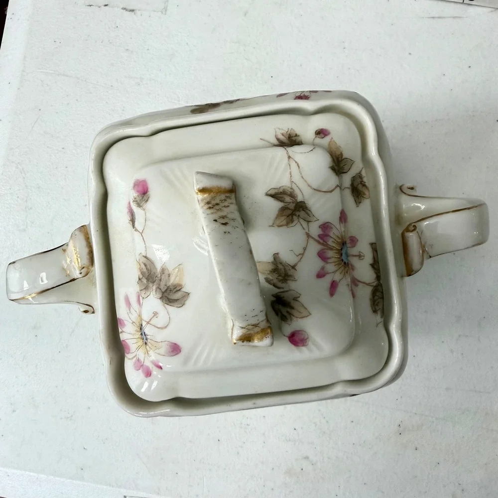 Antique CFH GDM Limoges France Covered Sugar‎ Bowl Lidded Jar Floral Gold 1880s